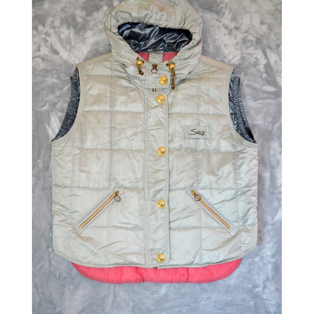 Silvy Gray Puffer Ski Vest Full Zip & Snap Hooded Stow-Away Hood Size 44
